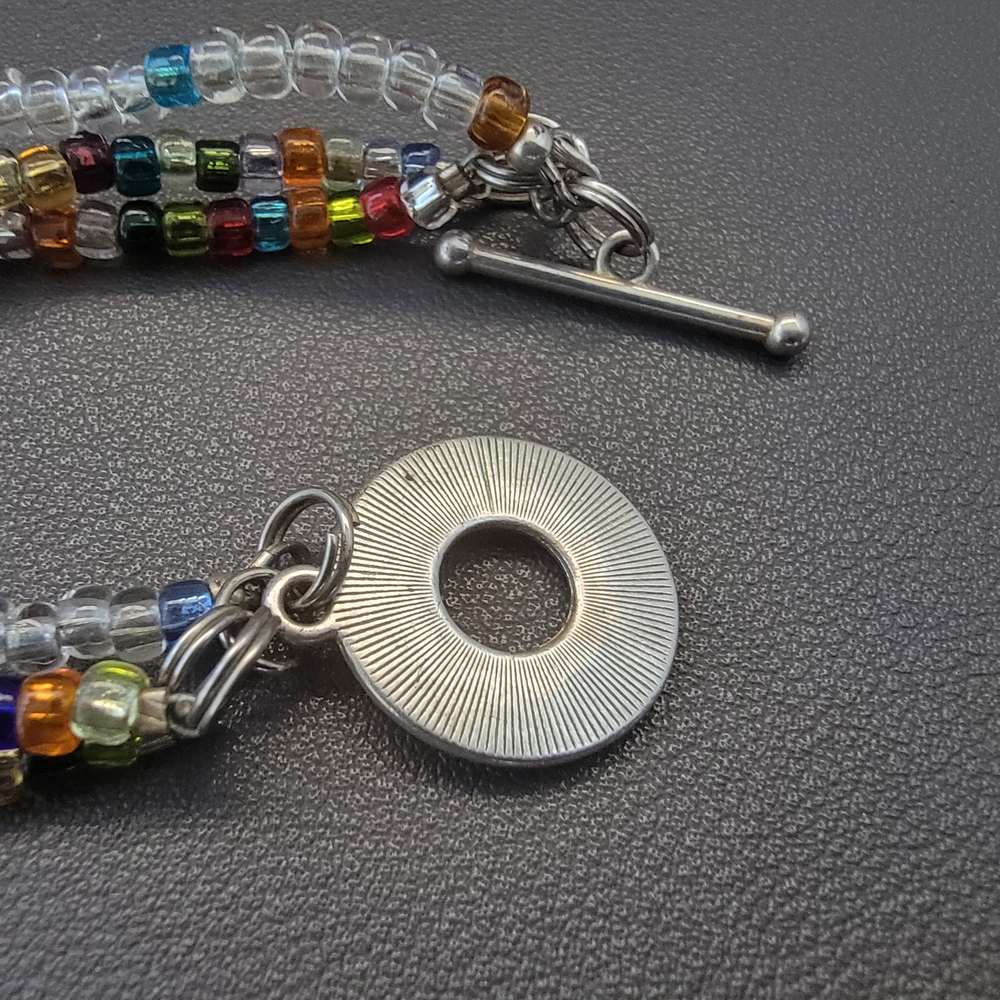 Handmade Multicolor Seed Bead & Clear Crystal Necklace | 3-Strand Beaded Choker - Picture 5 of 5